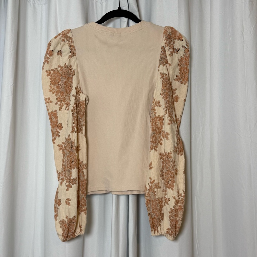 Dolan Left Coast Lace Puff Sleeve Ribbed Knit Top Women’s Small Cream Tan - Picture 8 of 12